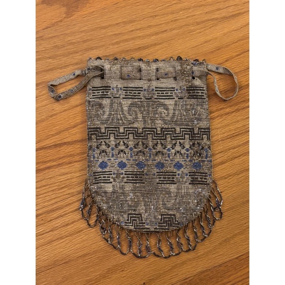 The Unbranded Brand Handbags - Antique Art Deco flapper Beaded Reticule Drawstring Bag Silver Blue 1920s era